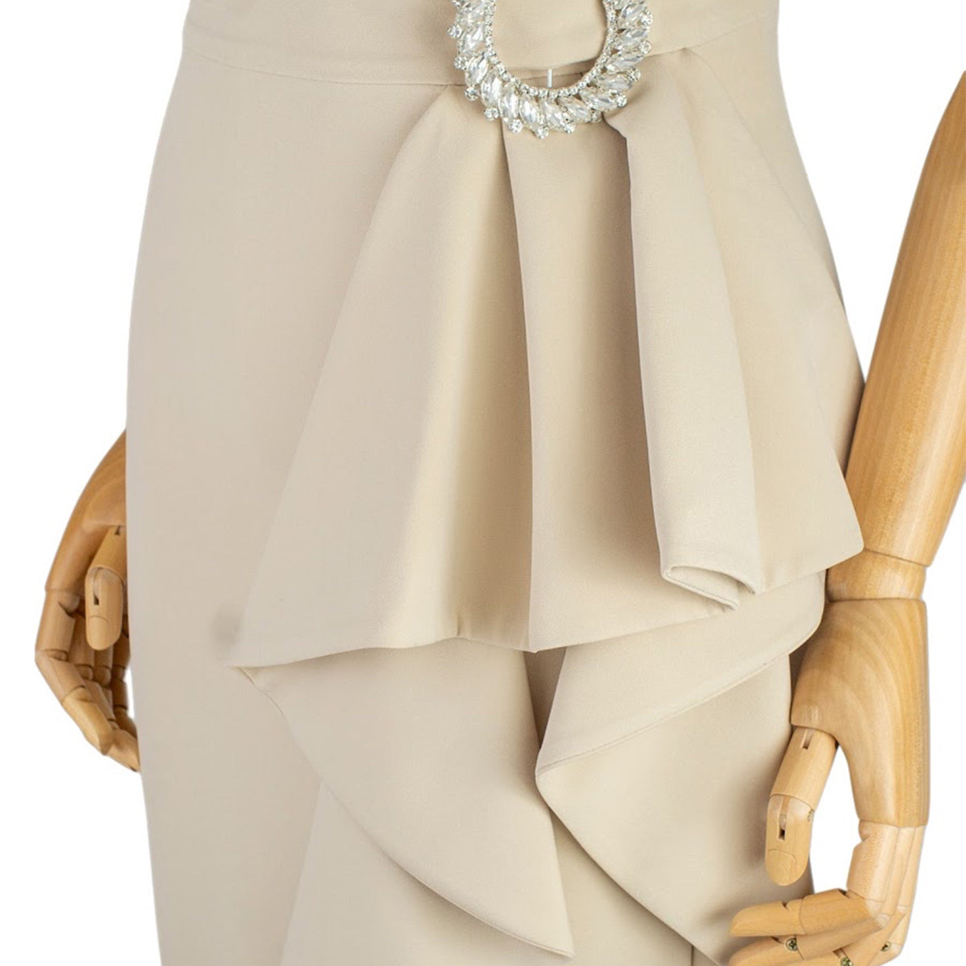 Corset Dress with Asymmetric Draping and Decorative Brooch