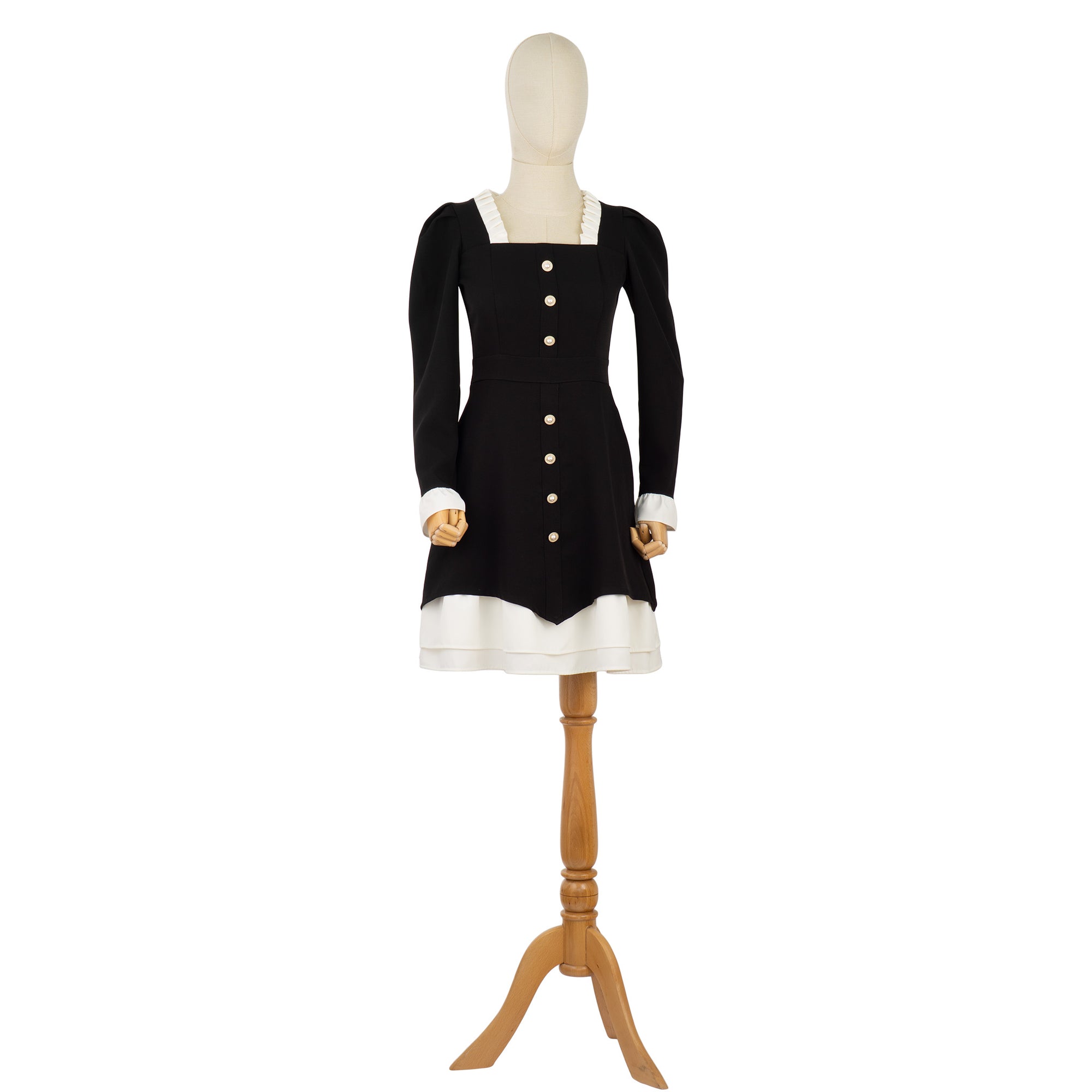 Elegant Black &amp; White Dress with Pearl Buttons