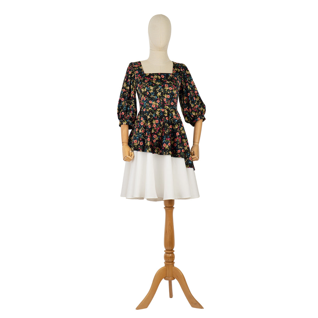 Dress with Floral Top and Asymmetrical Cut
