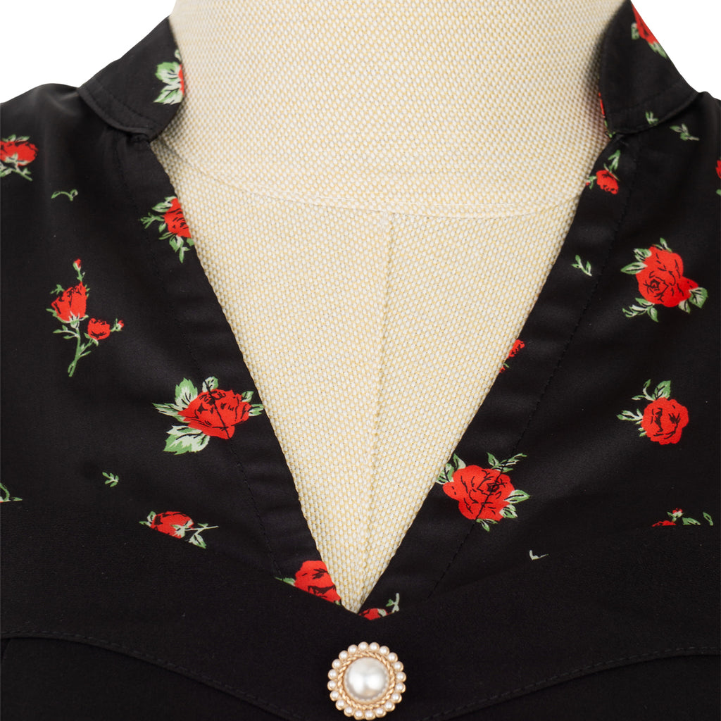 Black Dress with Floral Print and Statement Buttons