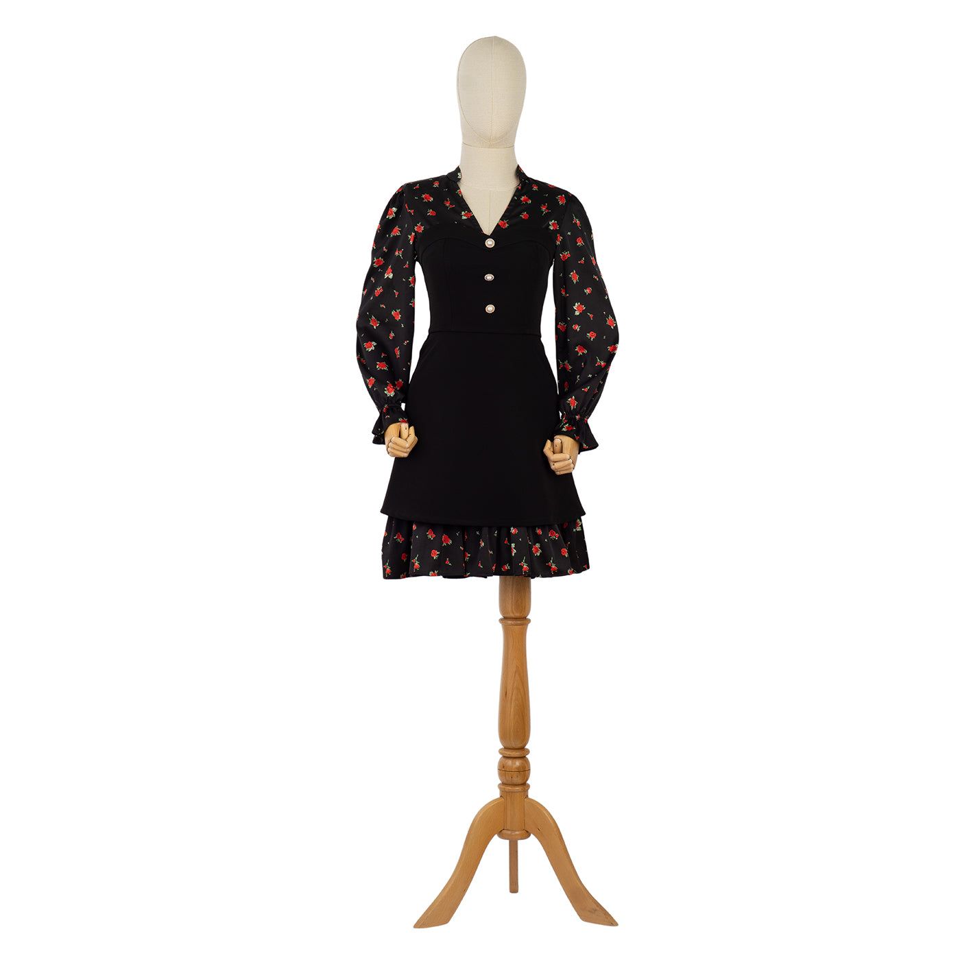 Black Dress with Floral Print and Statement Buttons