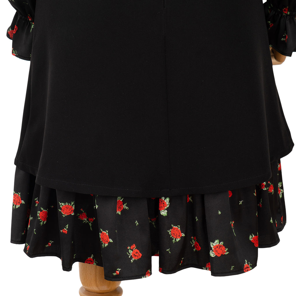 Black Dress with Floral Print and Statement Buttons