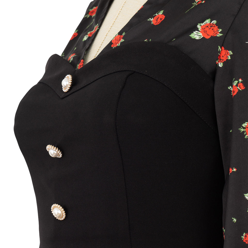 Black Dress with Floral Print and Statement Buttons