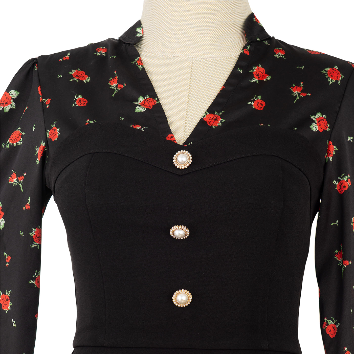 Black Dress with Floral Print and Statement Buttons