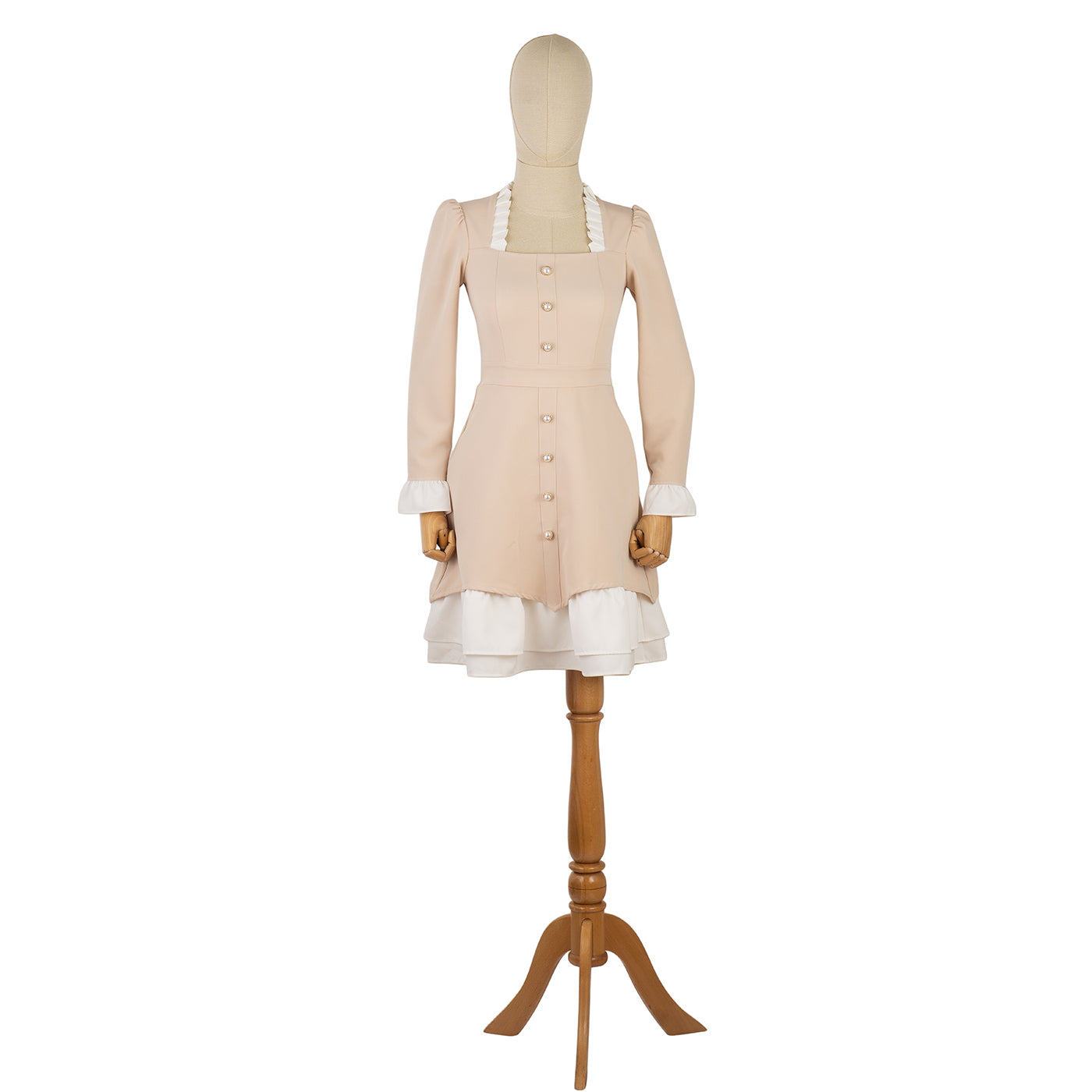 Beige Dress with White Ruffles and Decorative Buttons