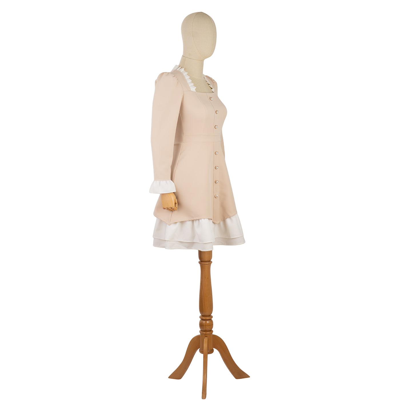 Beige Dress with White Ruffles and Decorative Buttons
