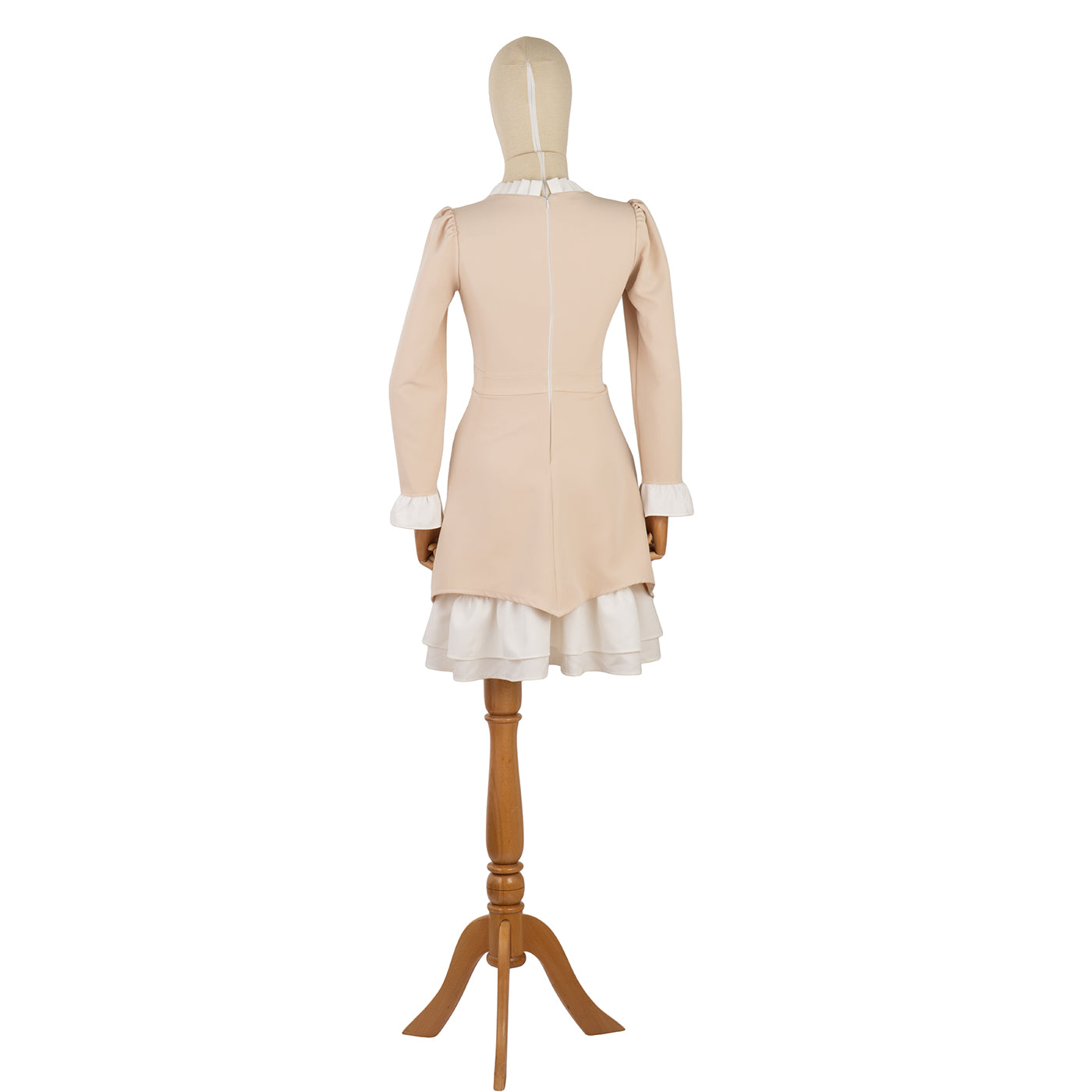 Beige Dress with White Ruffles and Decorative Buttons