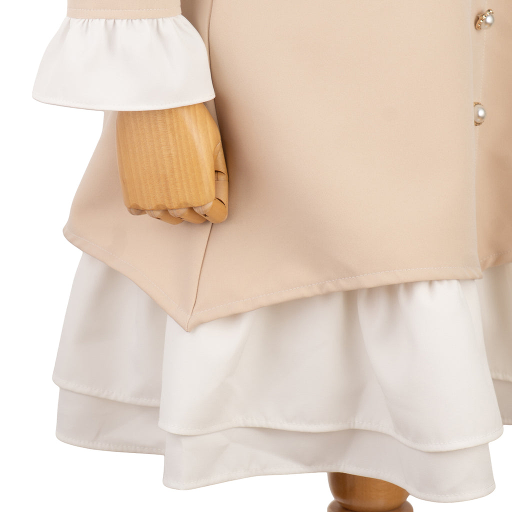 Beige Dress with White Ruffles and Decorative Buttons