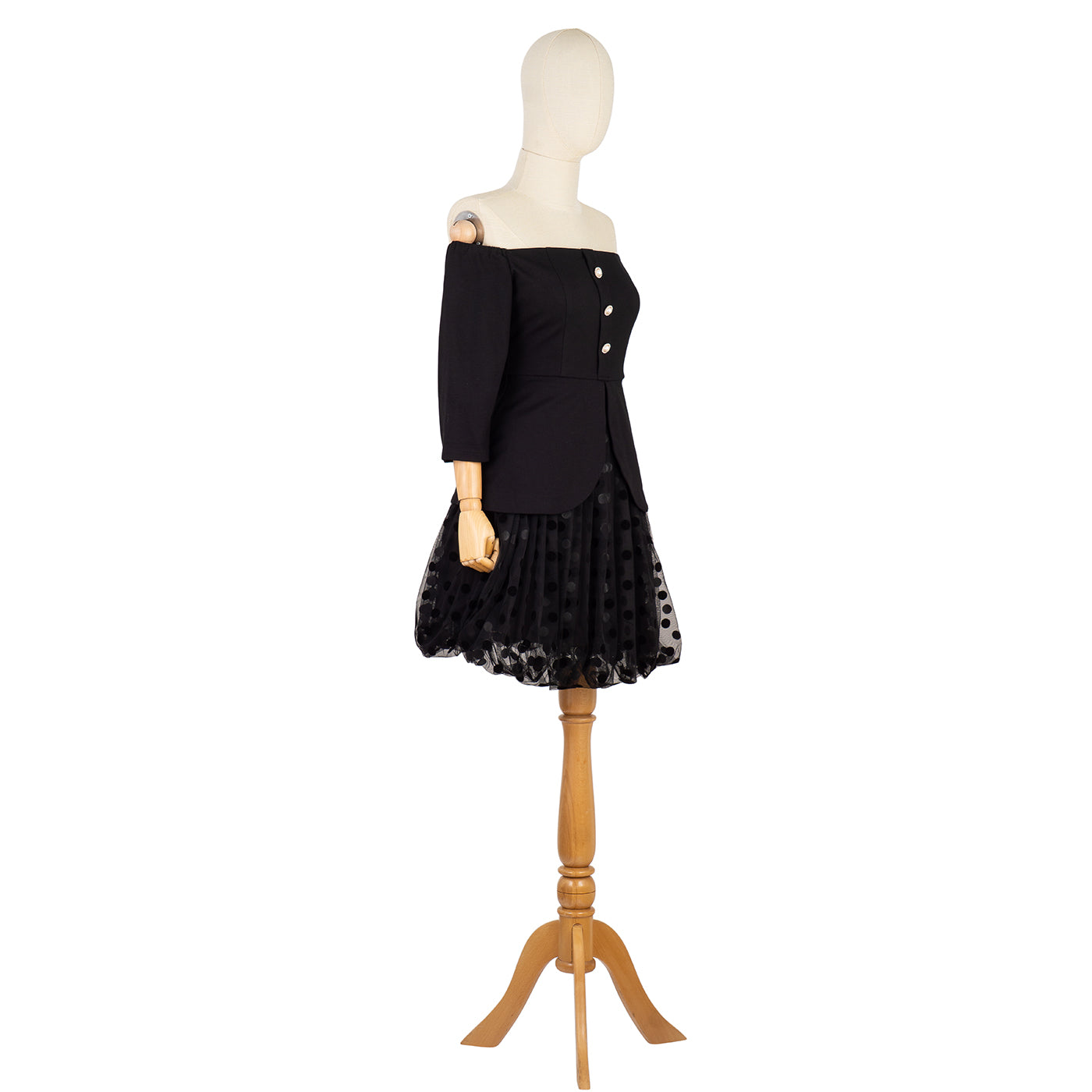 Off-Shoulder Dress with Polka Dot Skirt