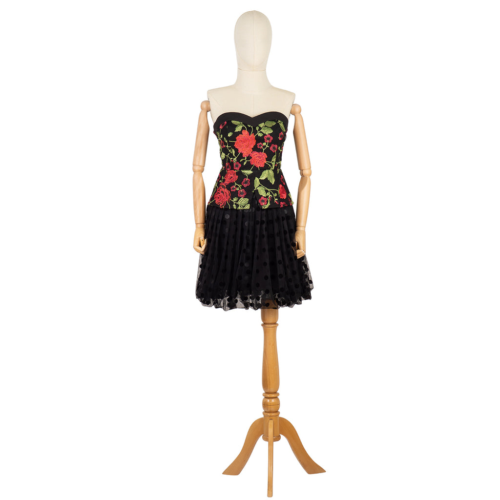 Strapless Bustier Dress with Floral Print and Full Skirt