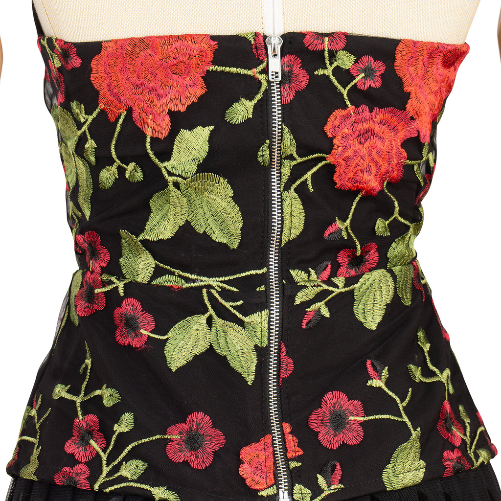 Strapless Bustier Dress with Floral Print and Full Skirt