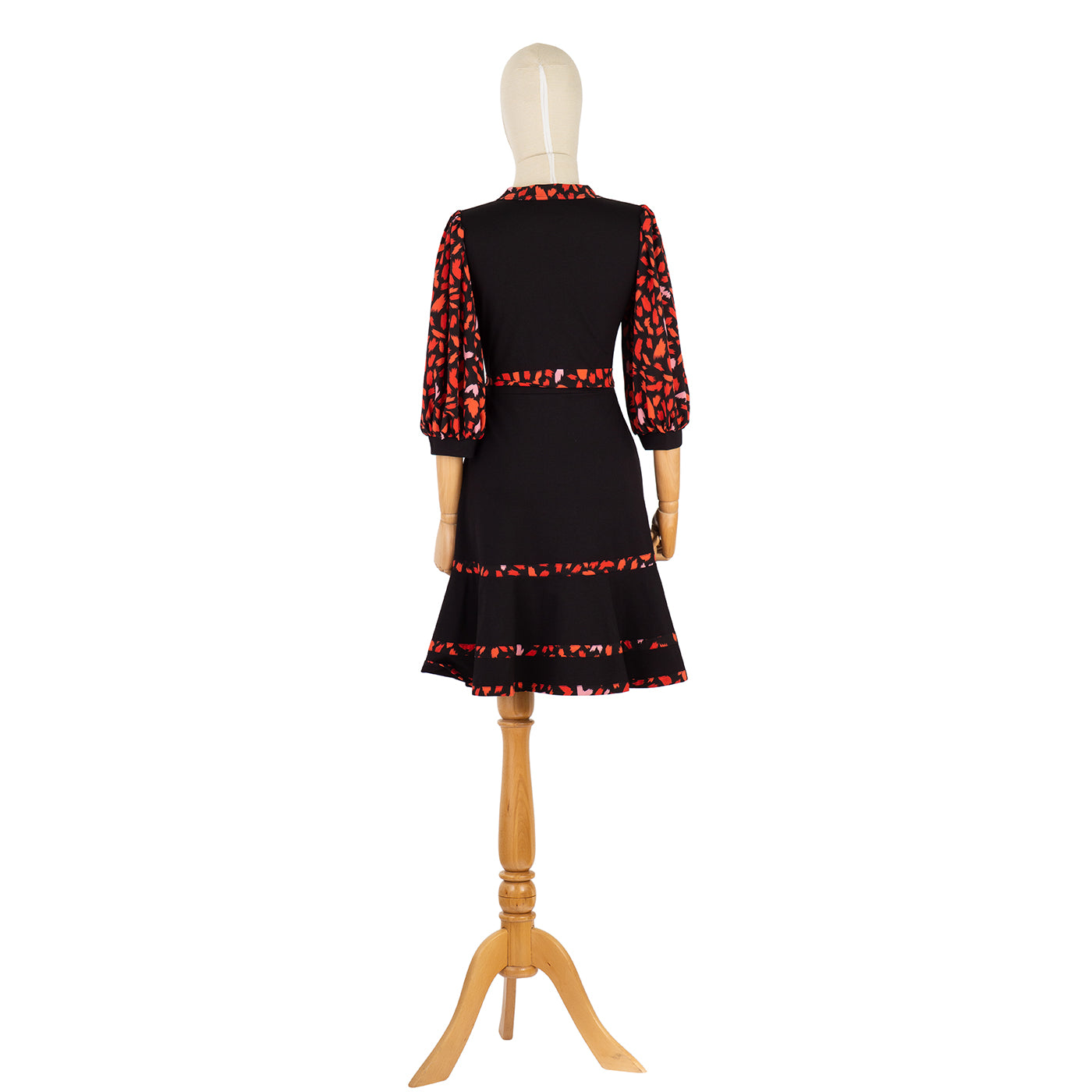 Black Dress with Red Print and Flared Skirt