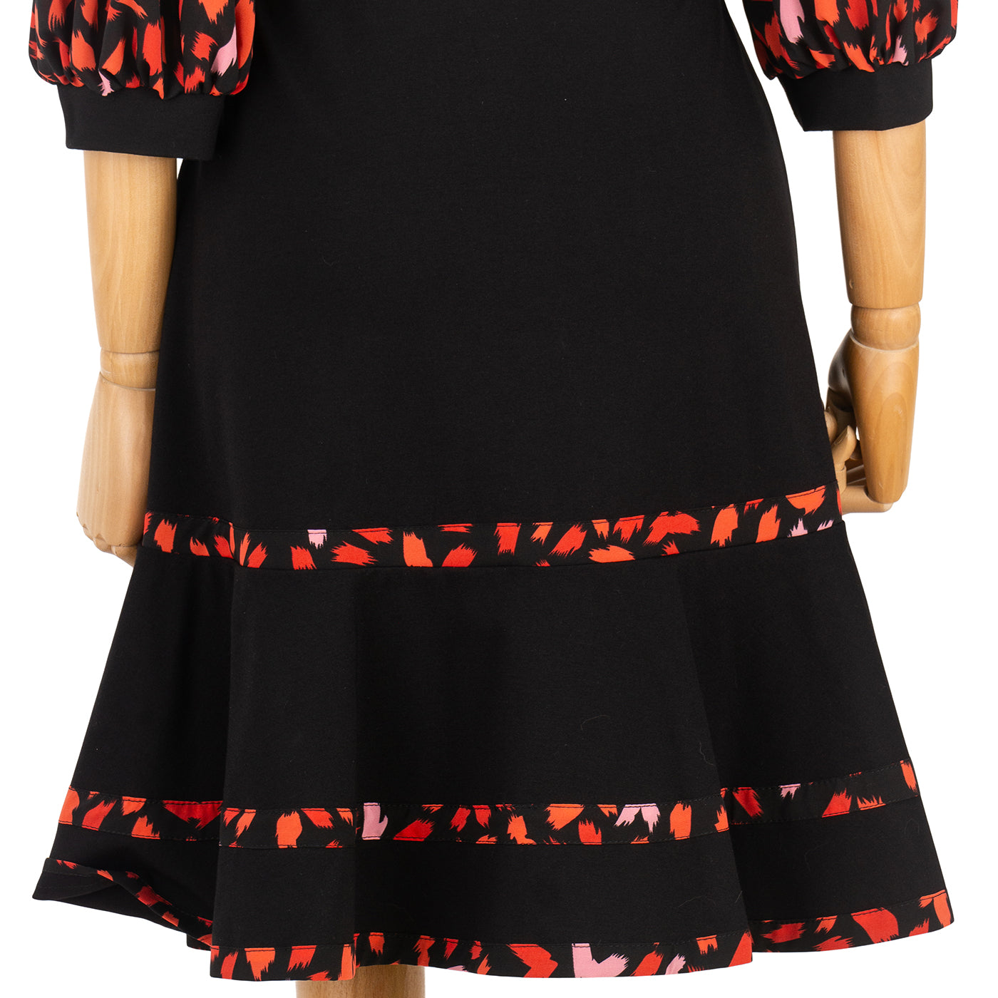 Black Dress with Red Print and Flared Skirt