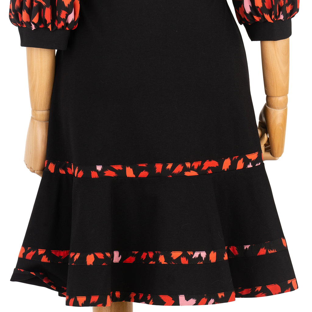 Black Dress with Red Print and Flared Skirt