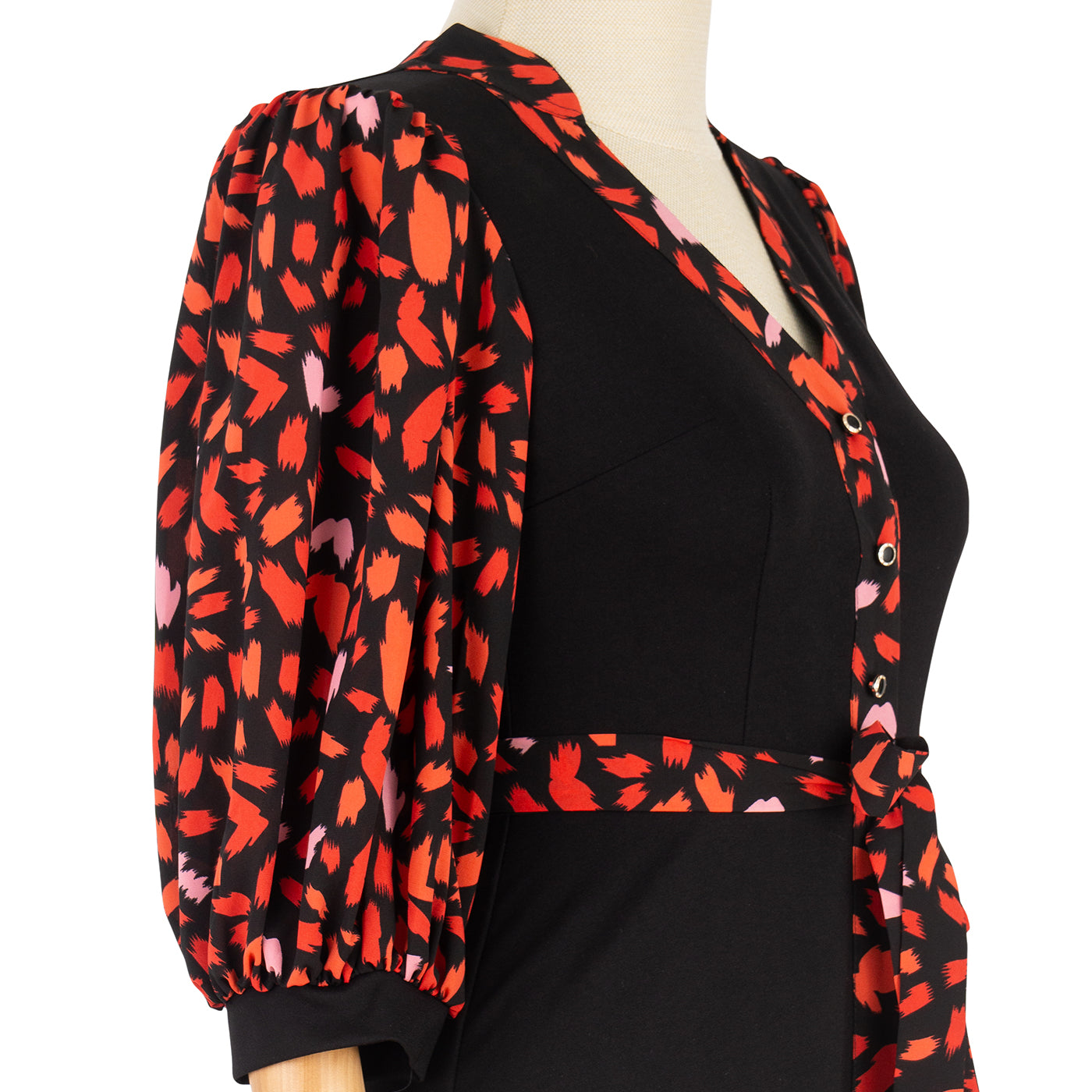 Black Dress with Red Print and Flared Skirt