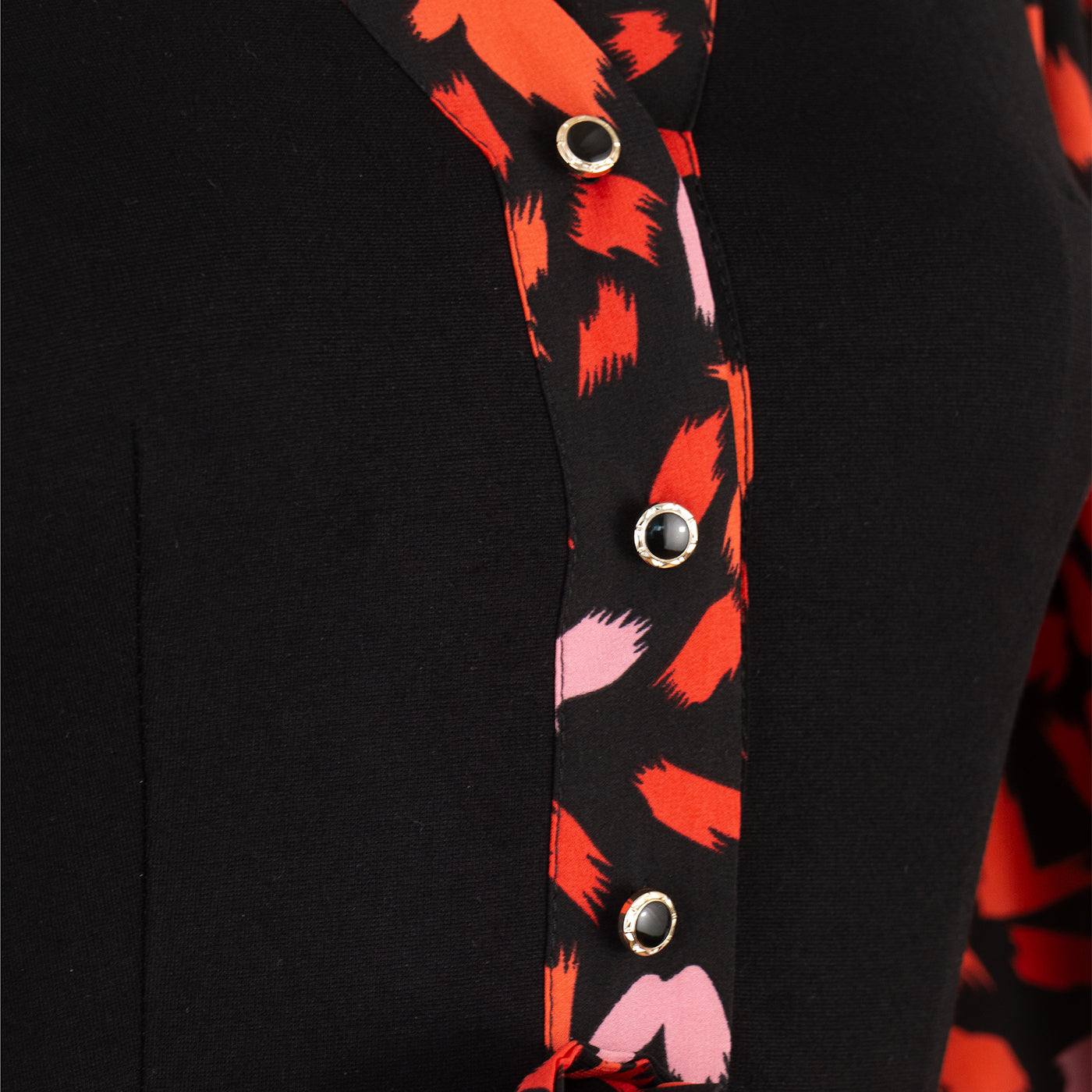 Black Dress with Red Print and Flared Skirt