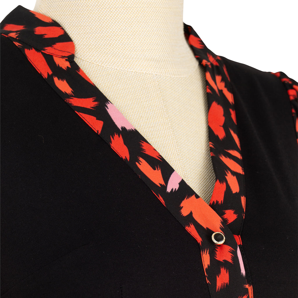 Black Dress with Red Print and Flared Skirt