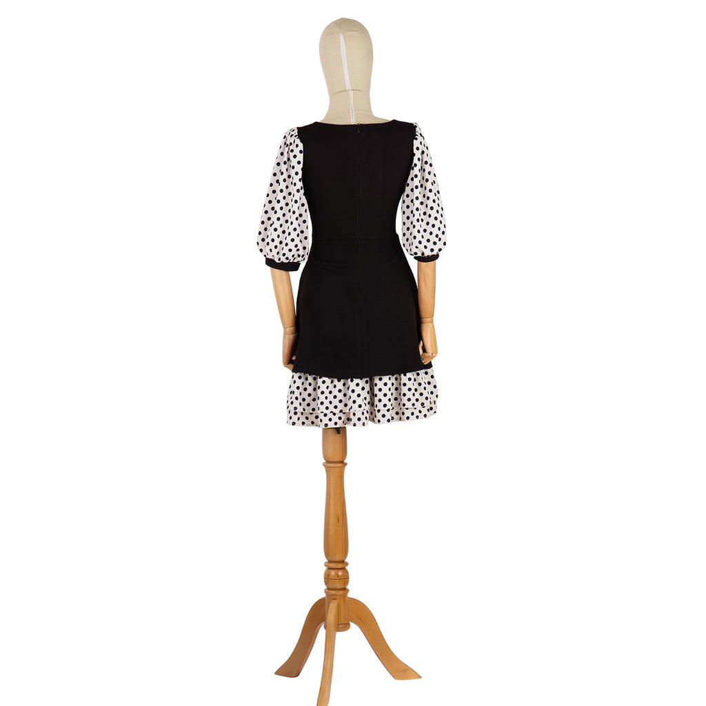 Puff-Sleeve Dress with Contrast Polka Dot Print