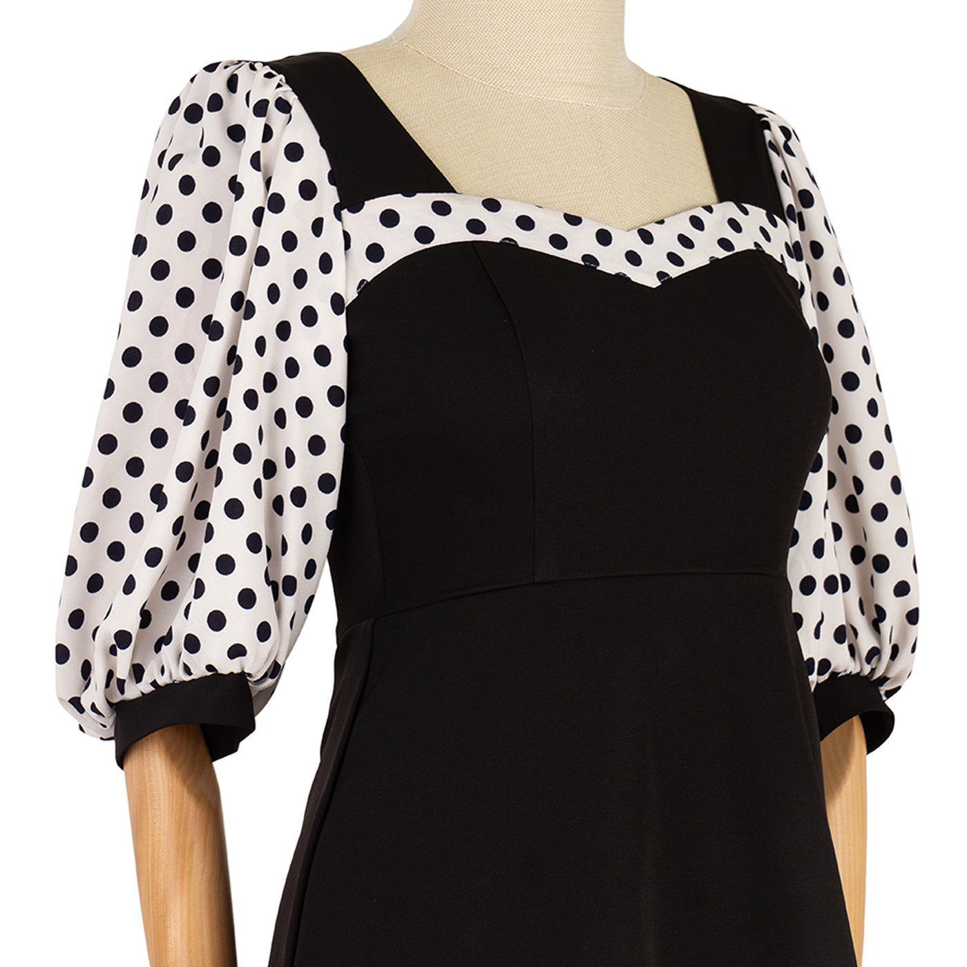 Puff-Sleeve Dress with Contrast Polka Dot Print