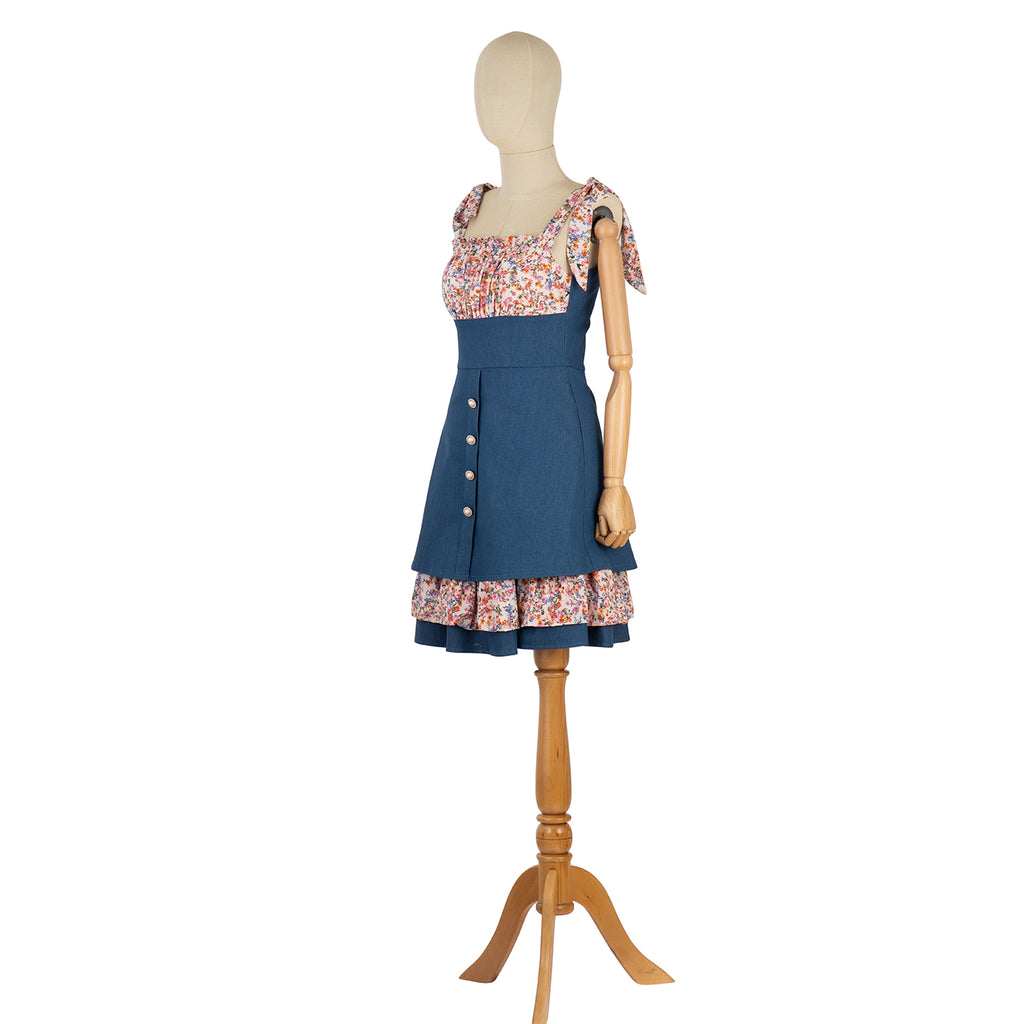 Floral Bodice Dress with Denim Inserts