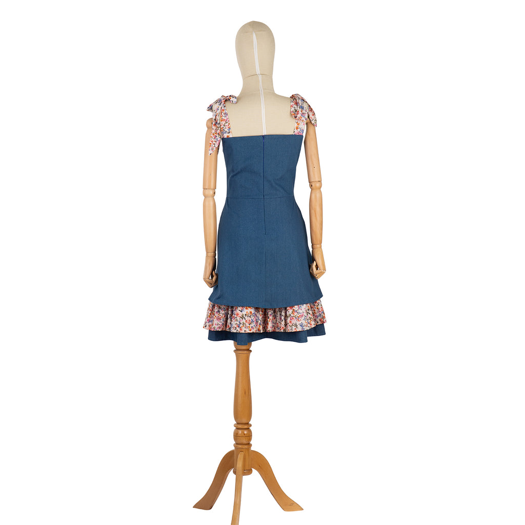 Floral Bodice Dress with Denim Inserts