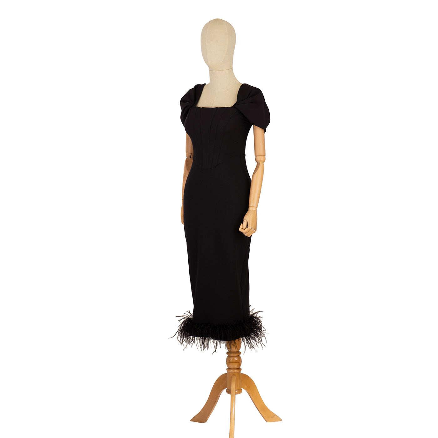 Black Evening Dress with Corset and Feathers