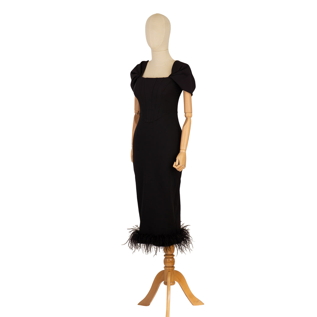 Black Evening Dress with Corset and Feathers