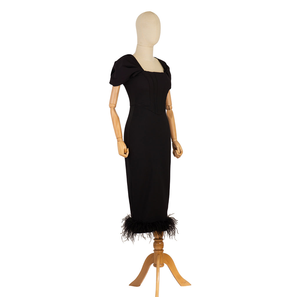 Black Evening Dress with Corset and Feathers