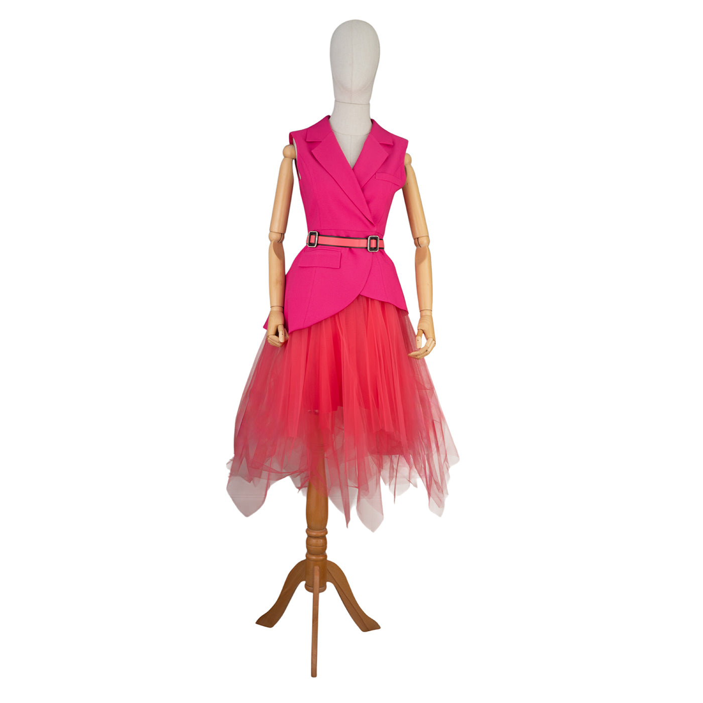 Sleeveless Tulle Skirt Dress with Vest-Style Top and Belt