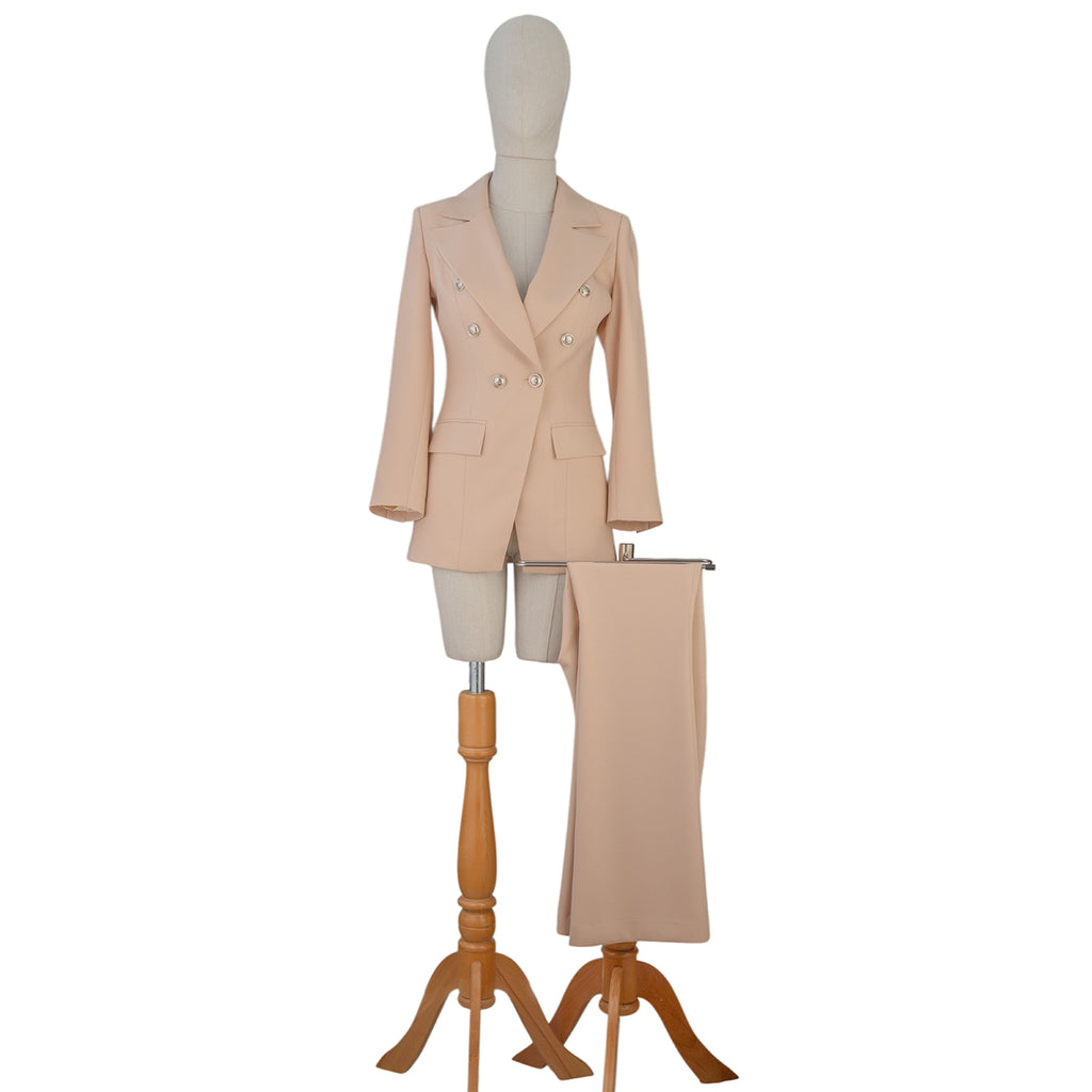 Beige Double-Breasted Suit with Pearl Buttons