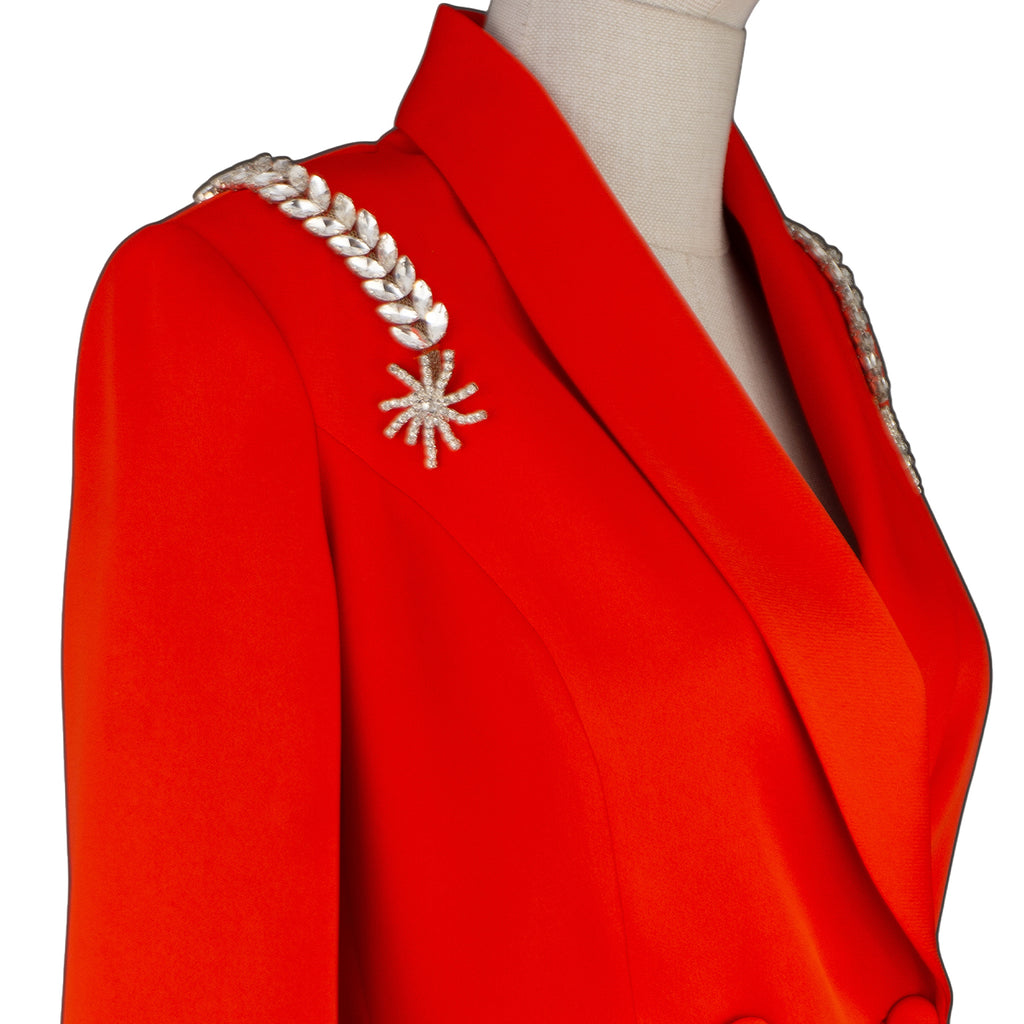 Bold Red Flared Sleeve Suit with Pearl Shoulder Detail