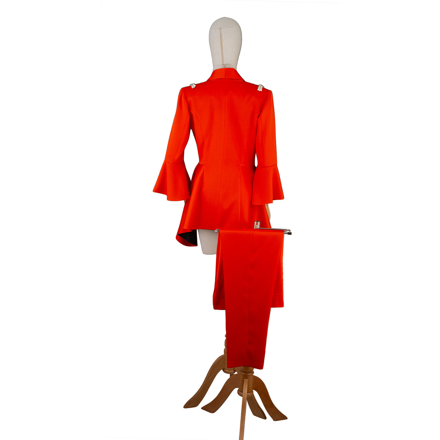 Bold Red Flared Sleeve Suit with Pearl Shoulder Detail