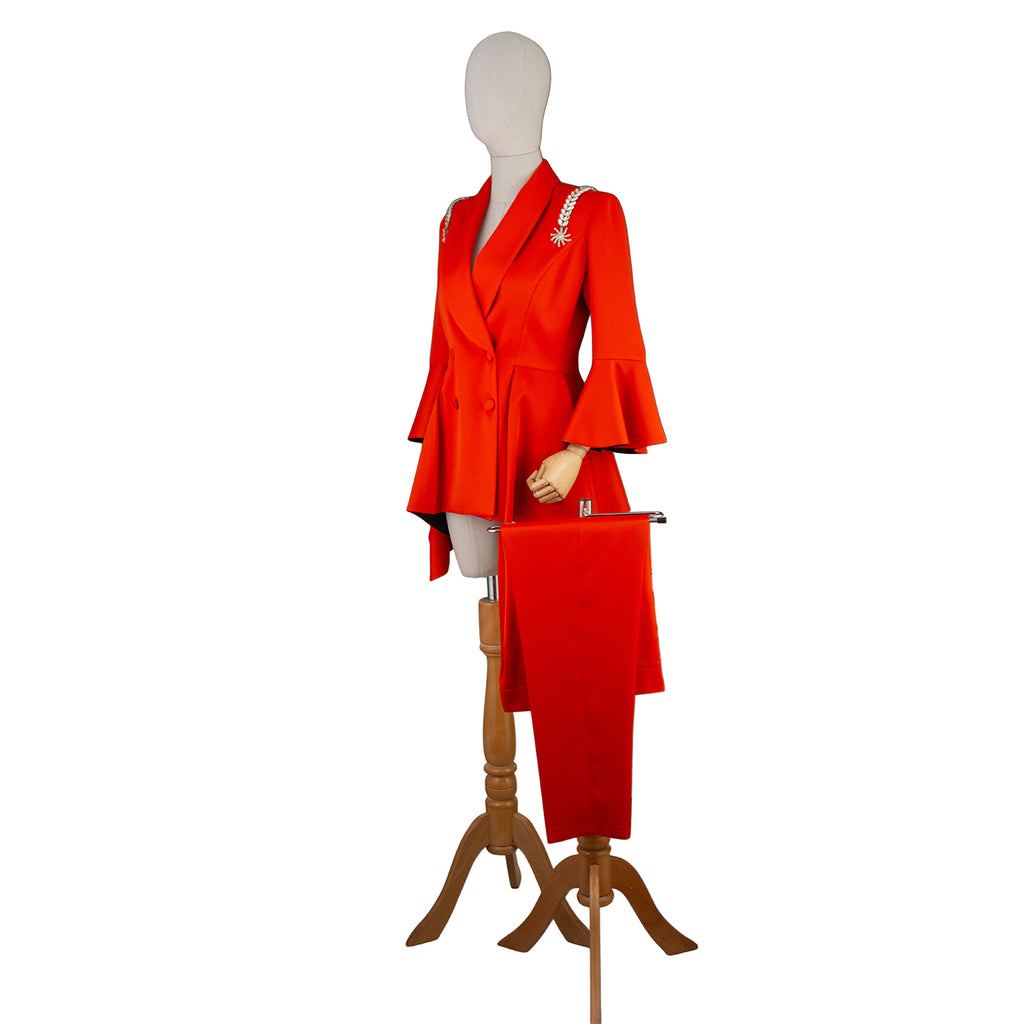 Bold Red Flared Sleeve Suit with Pearl Shoulder Detail