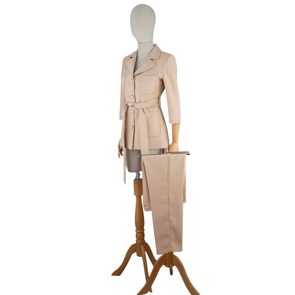 Beige Suit with Belt and Contrast Trim – Elegant with an Edge