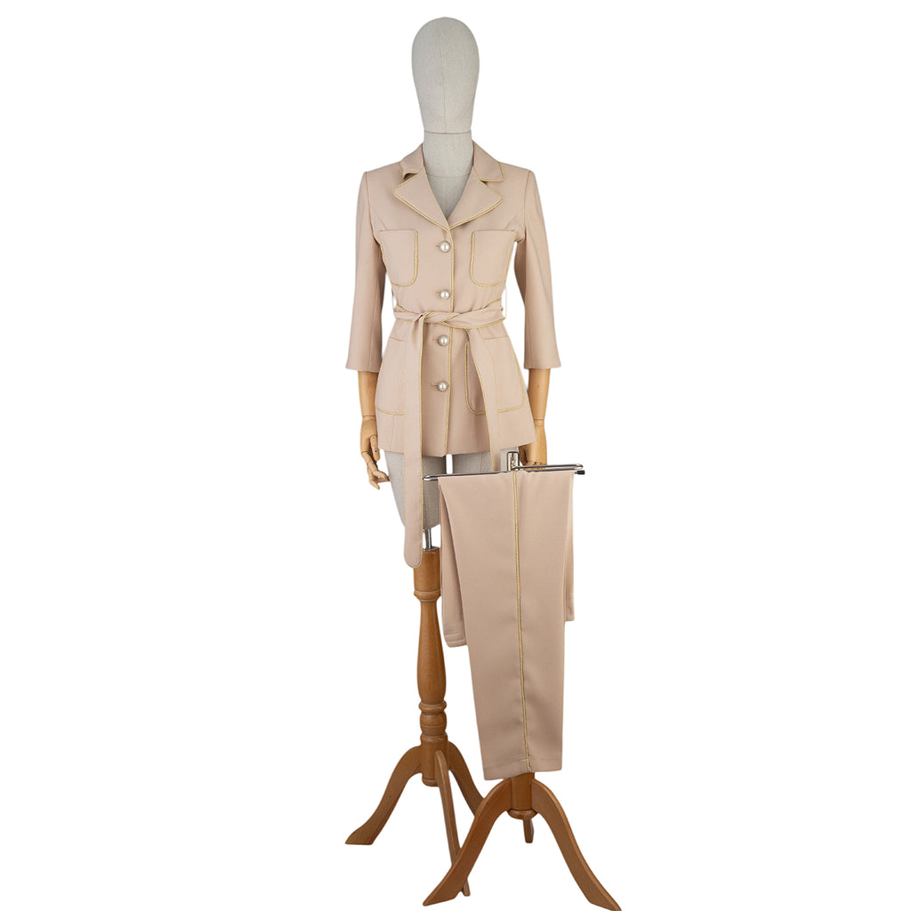 Beige Suit with Belt and Contrast Trim – Elegant with an Edge