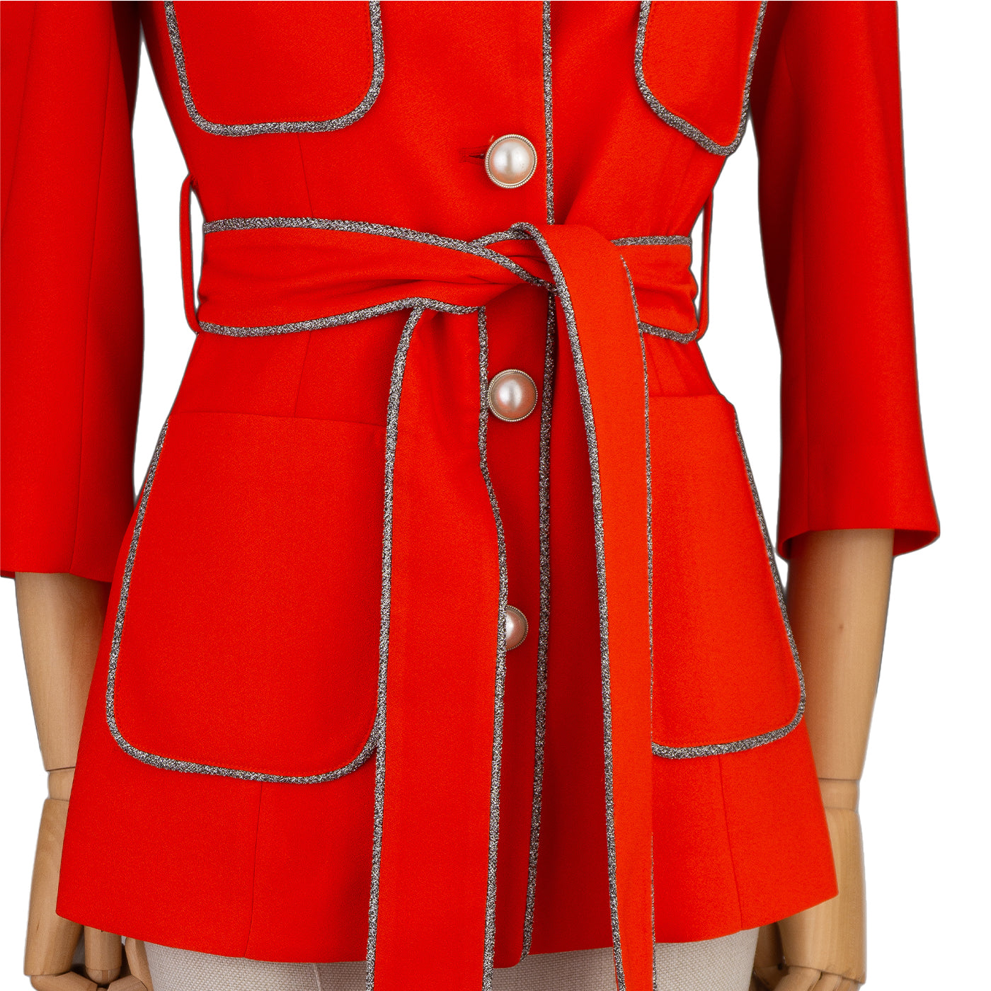 Red Suit with White Trim and Belt – Confident Style in Every Step