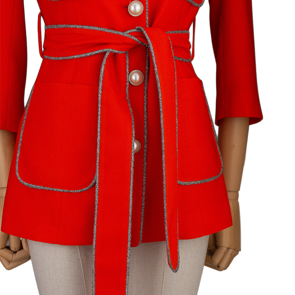 Red Suit with White Trim and Belt – Confident Style in Every Step