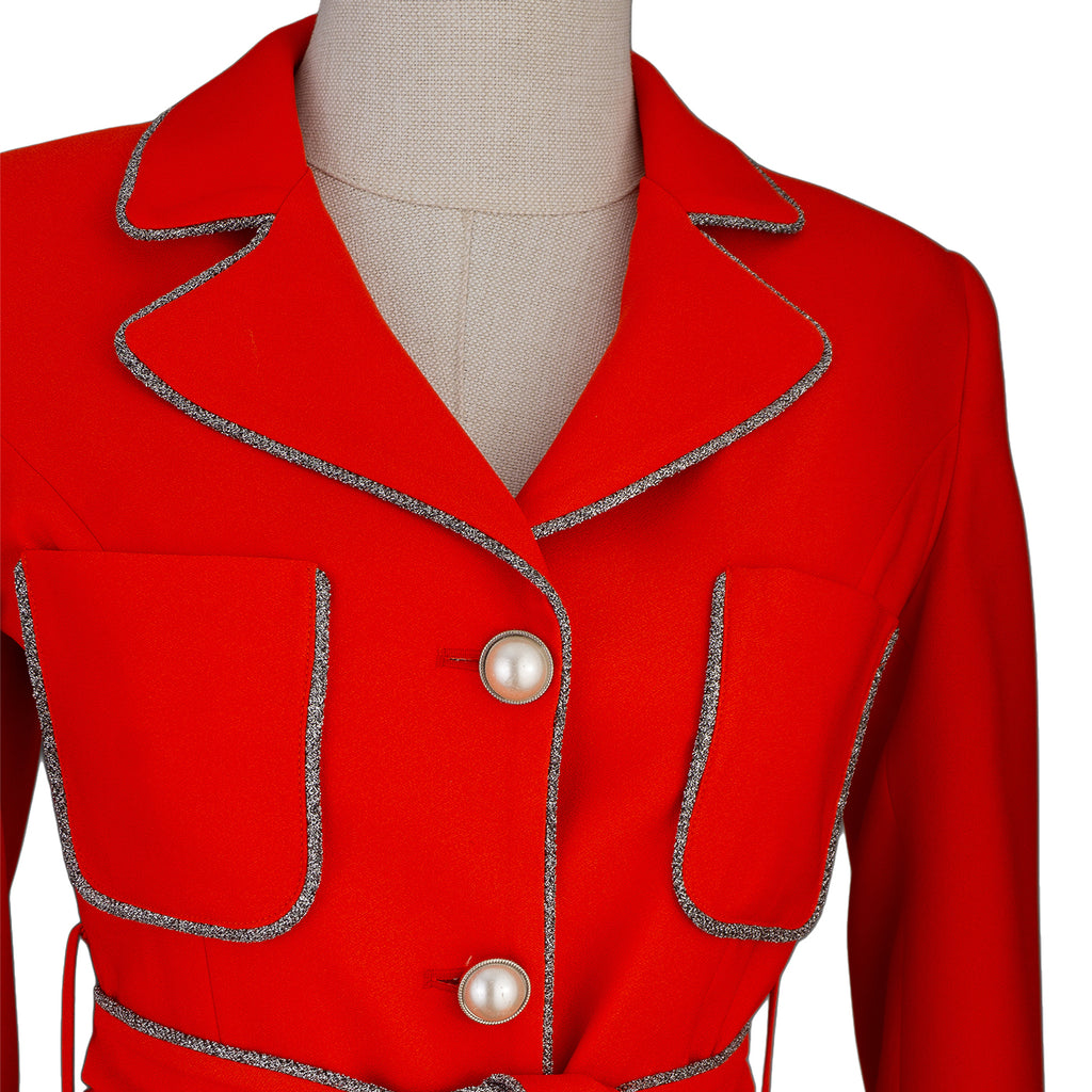 Red Suit with White Trim and Belt – Confident Style in Every Step