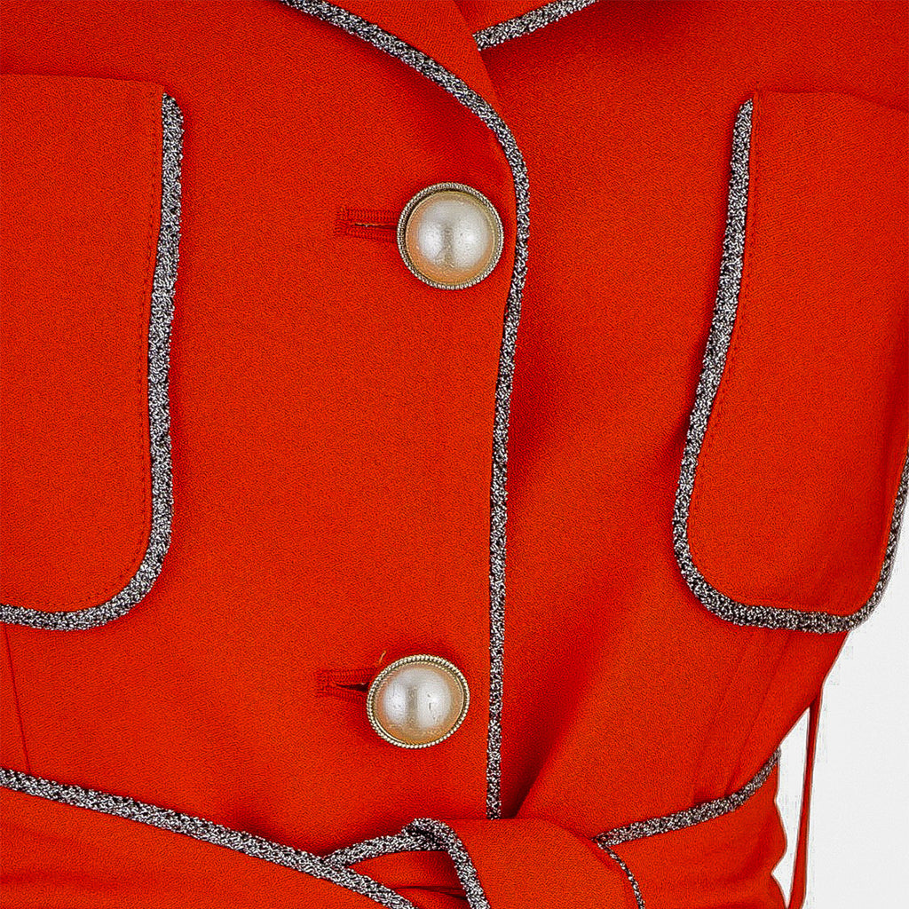 Red Suit with White Trim and Belt – Confident Style in Every Step