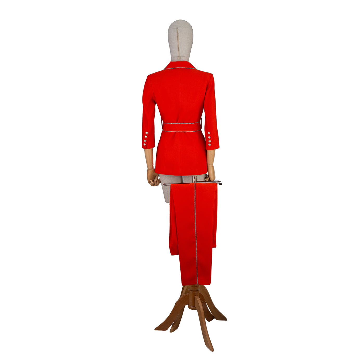 Red Suit with White Trim and Belt – Confident Style in Every Step