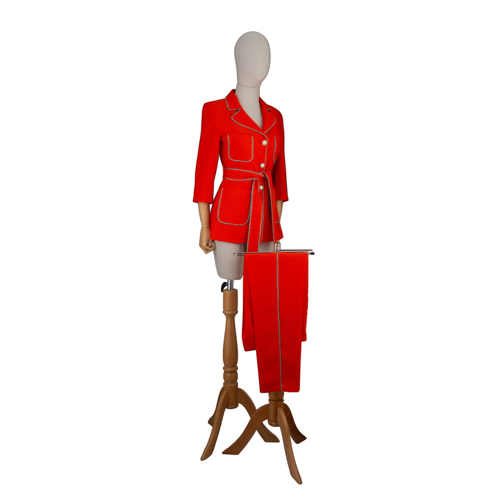 Red Suit with White Trim and Belt – Confident Style in Every Step