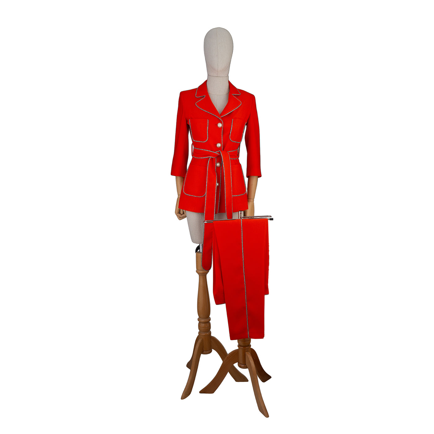 Red Suit with White Trim and Belt – Confident Style in Every Step