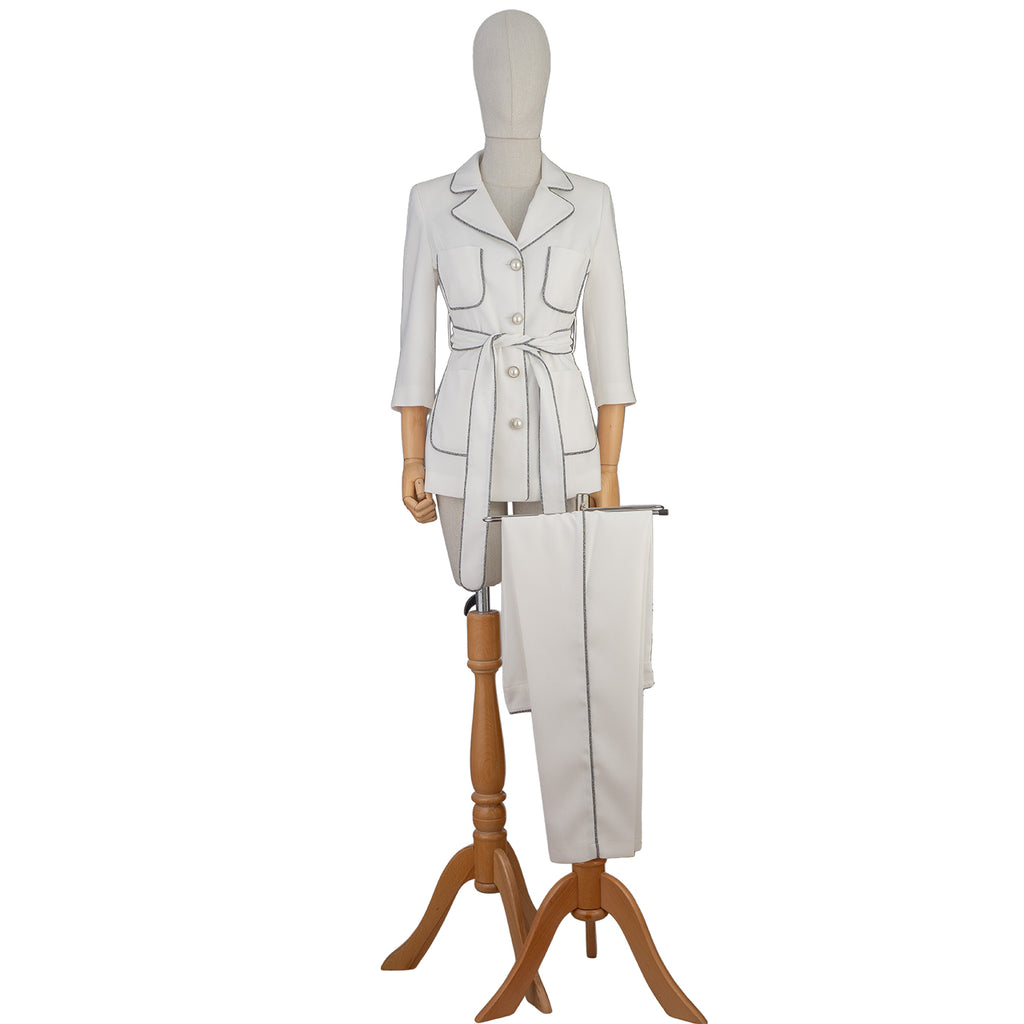 White Suit with Contrast Trim and Belt – Chic Simplicity for Modern Women