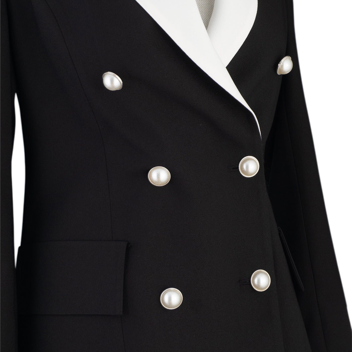 Black Suit with White Collar and Pearl Buttons – Power Meets Elegance