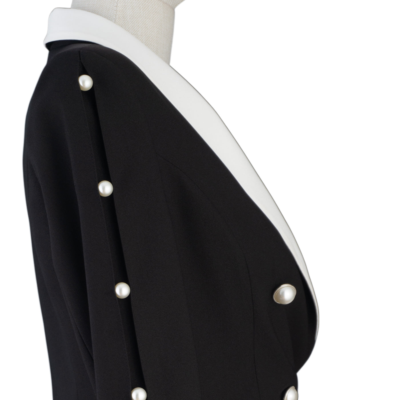 Black Suit with White Collar and Pearl Buttons – Power Meets Elegance
