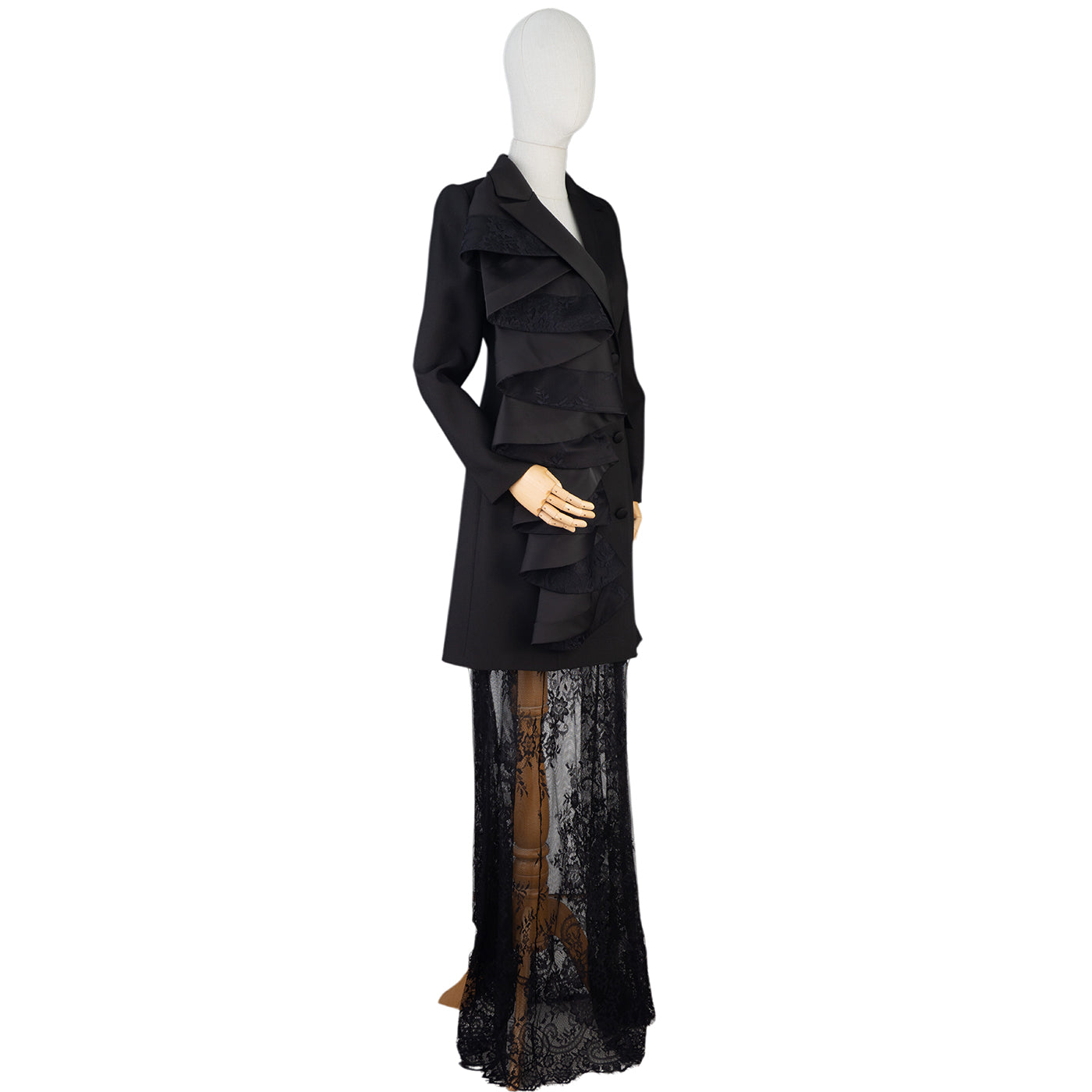 Black Ruffle & Lace Statement Dress Suit — Dramatic Elegance