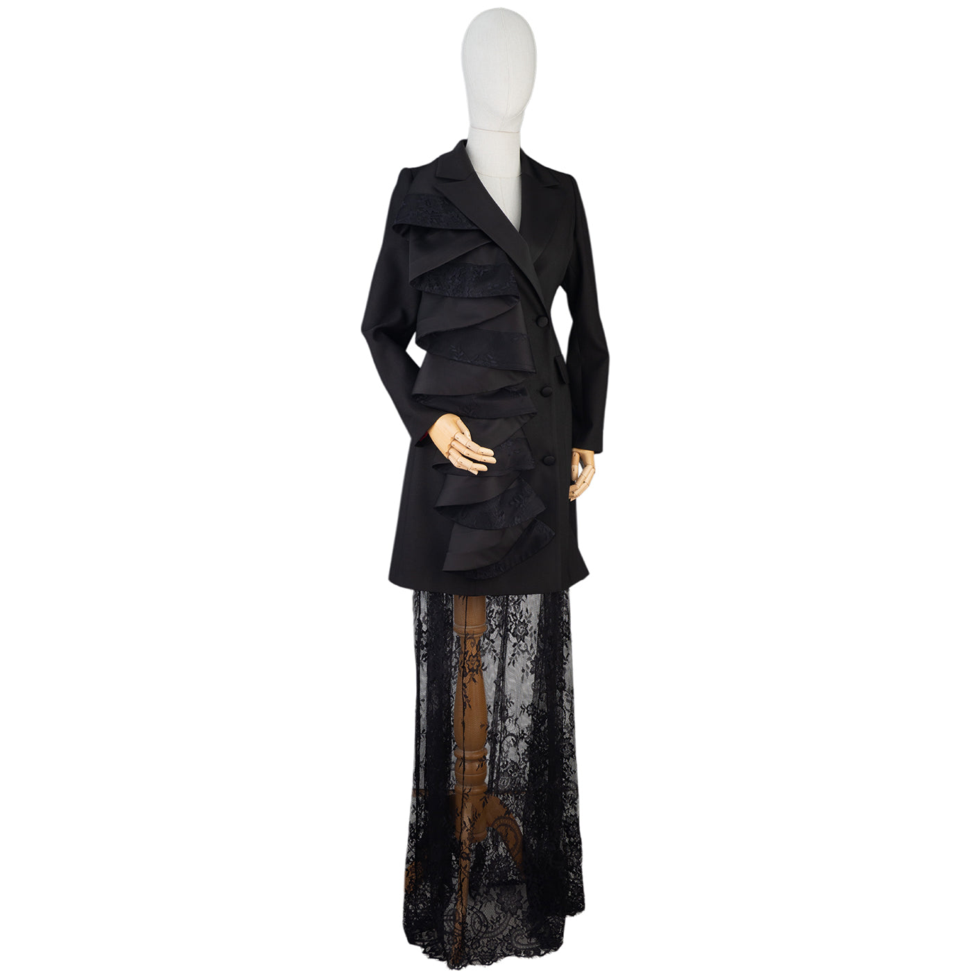 Black Ruffle & Lace Statement Dress Suit — Dramatic Elegance