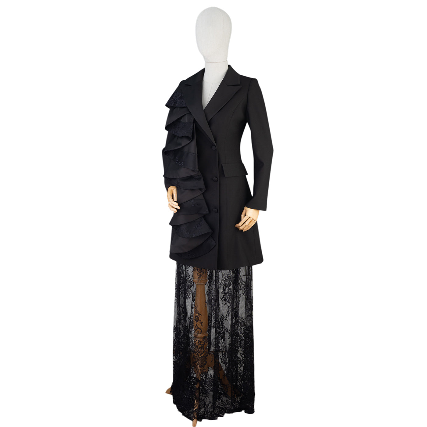 Black Ruffle & Lace Statement Dress Suit — Dramatic Elegance