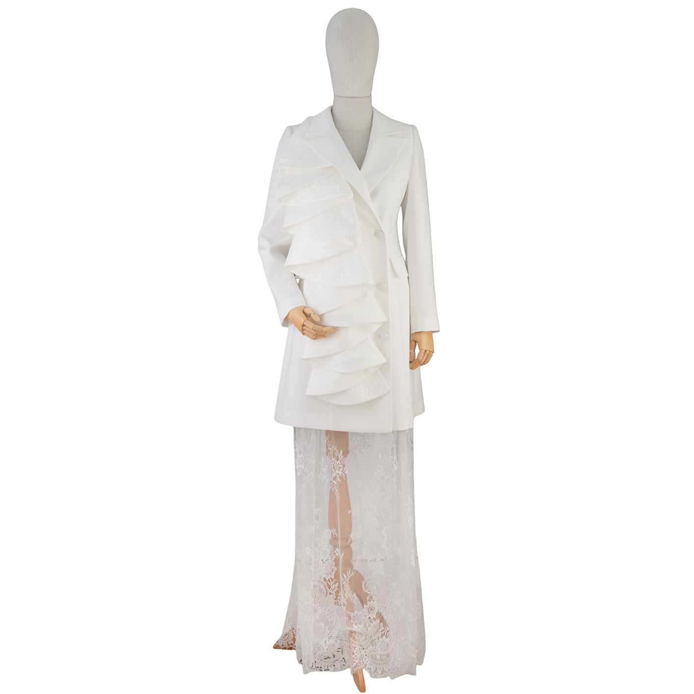 White Ruffle & Lace Statement Suit Dress — Pure Sophistication