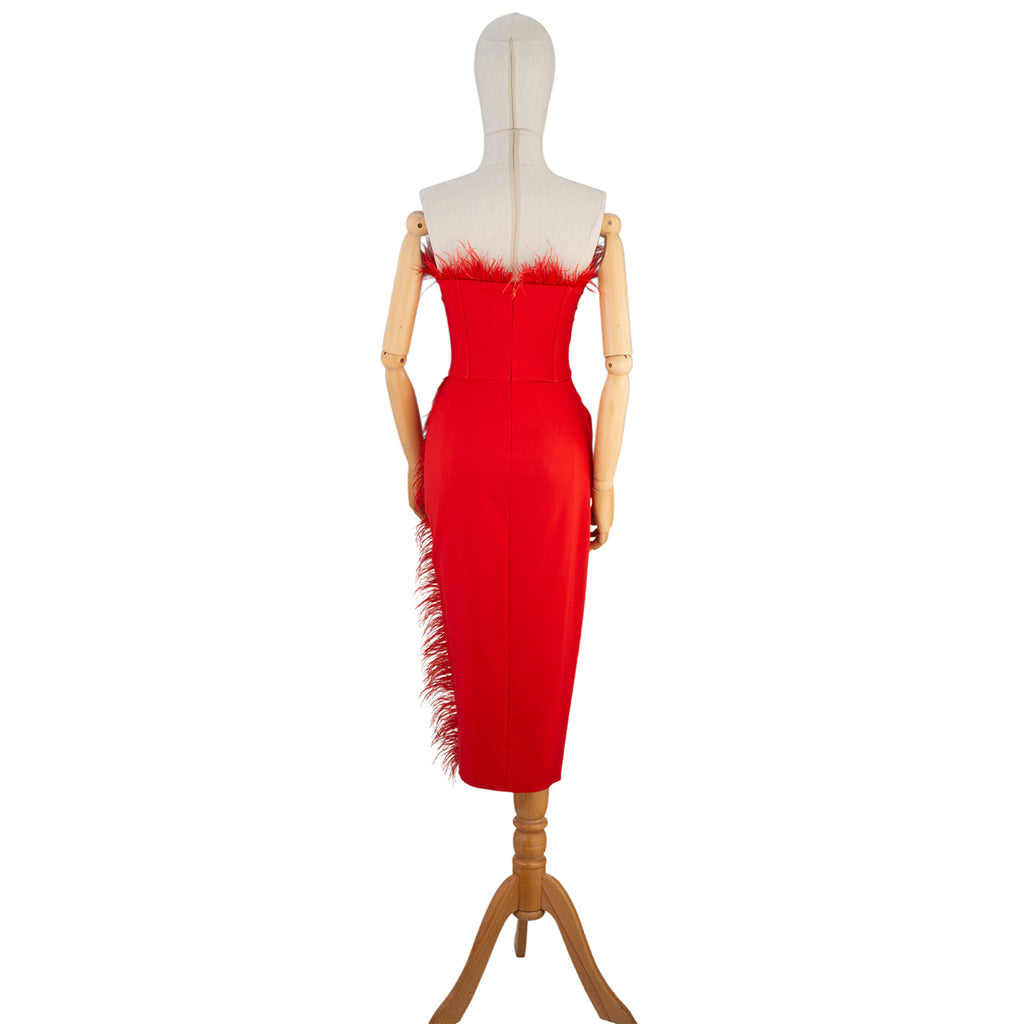 Red Feather Corset Bodycon Midi Dress